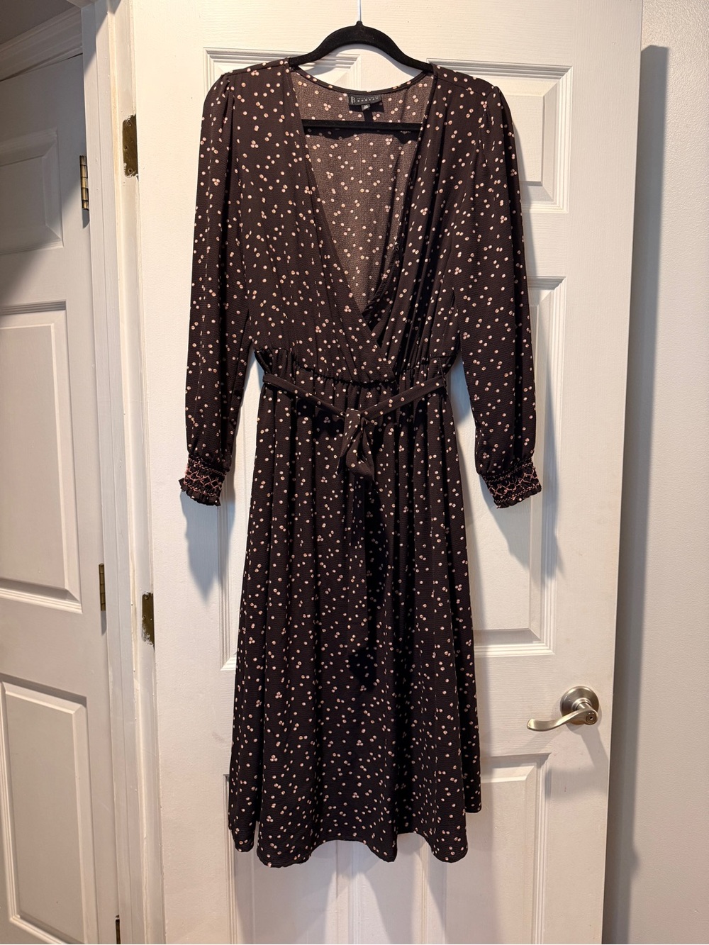 Bobeau Chocolate Brown Mock Wrap Midi Dress with Cream/Pink Dot Print